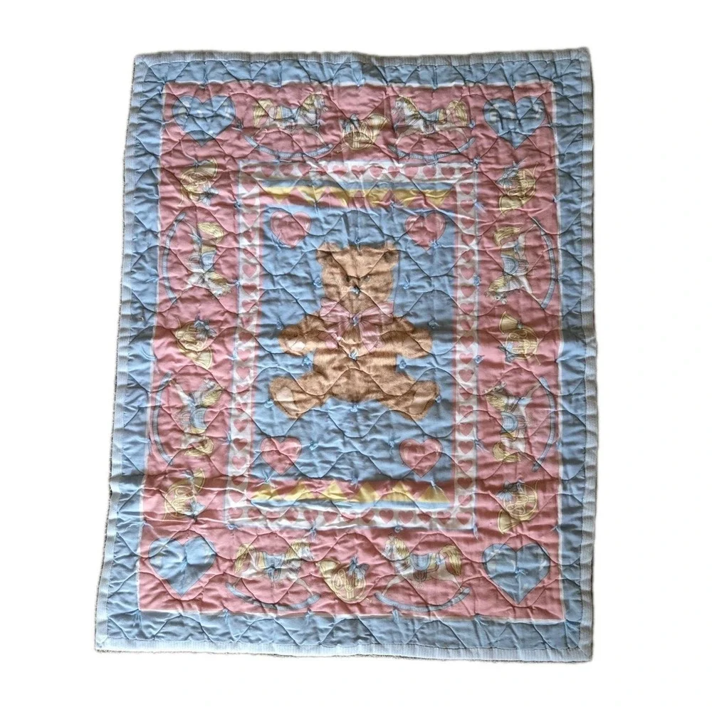 VTG Handmade Baby Quilt Teddy Bear Rocking Horse Pastel Pink Blue Nursery Crib